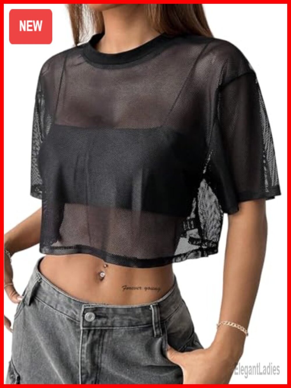 Sheer Mesh Crop Top Boxy Short Sleeve Shirt
